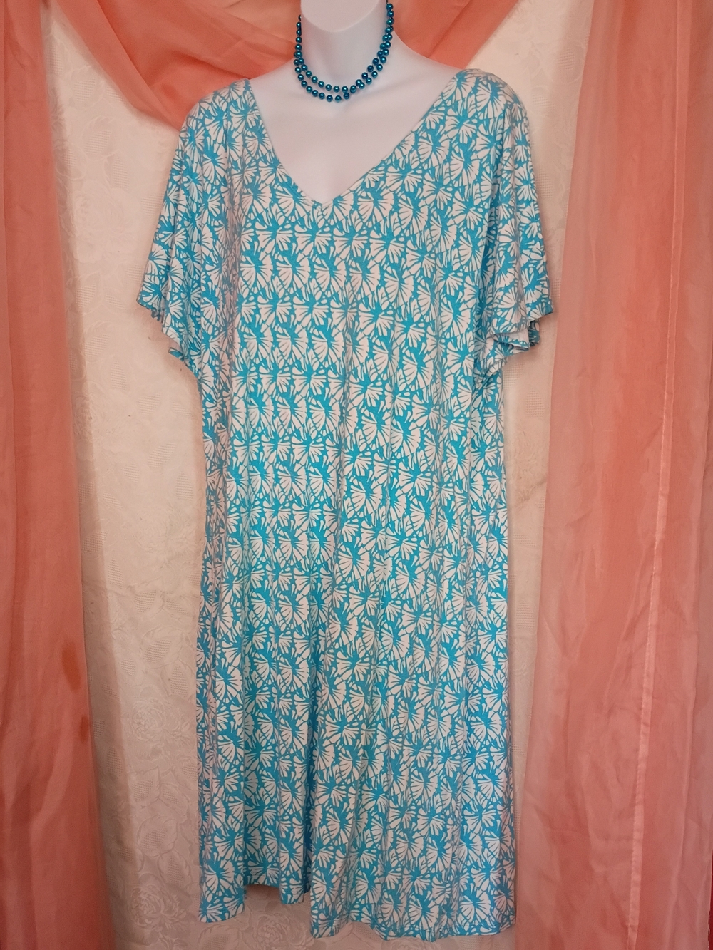 Zen Knits Ladies Blue-White Floral V-Neck Midi Dress Sz XXL